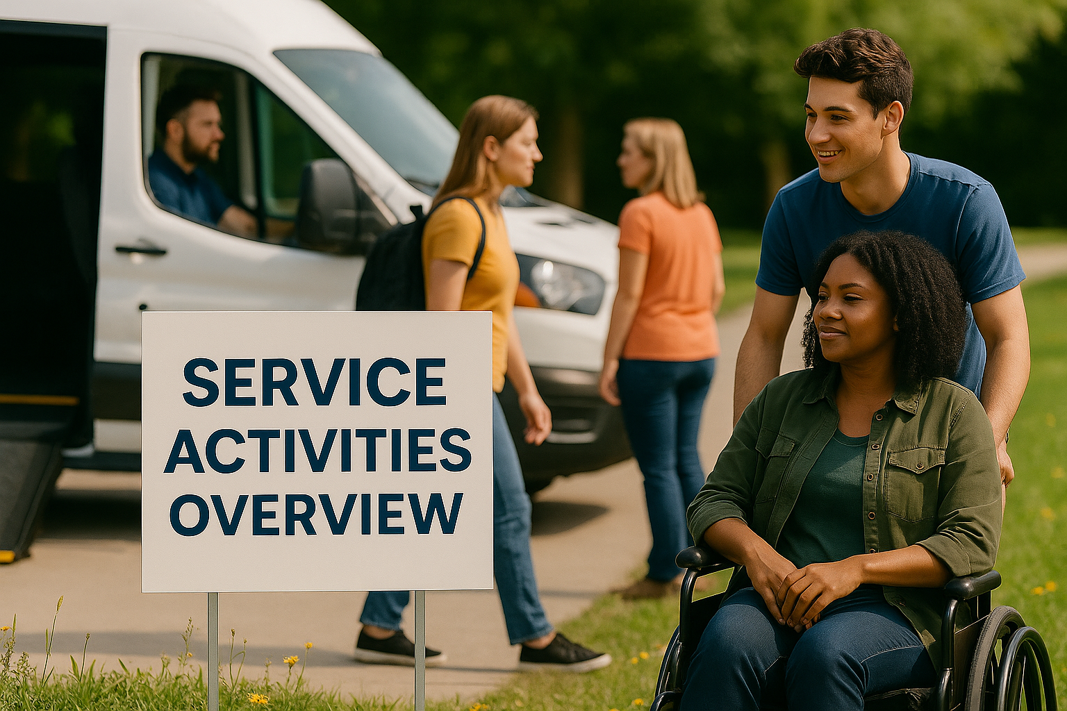 People engaging in diverse service activities outdoors